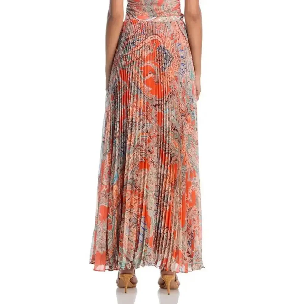 L'AGENCE Women Orange Paisley Pleated Torin Boho A-line Maxi Skirt Size US 4